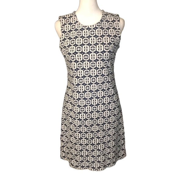 Banana Republic Ponte Navy Blue & White Geo Print Sheath Dress Size 4P - Picture 2 of 5